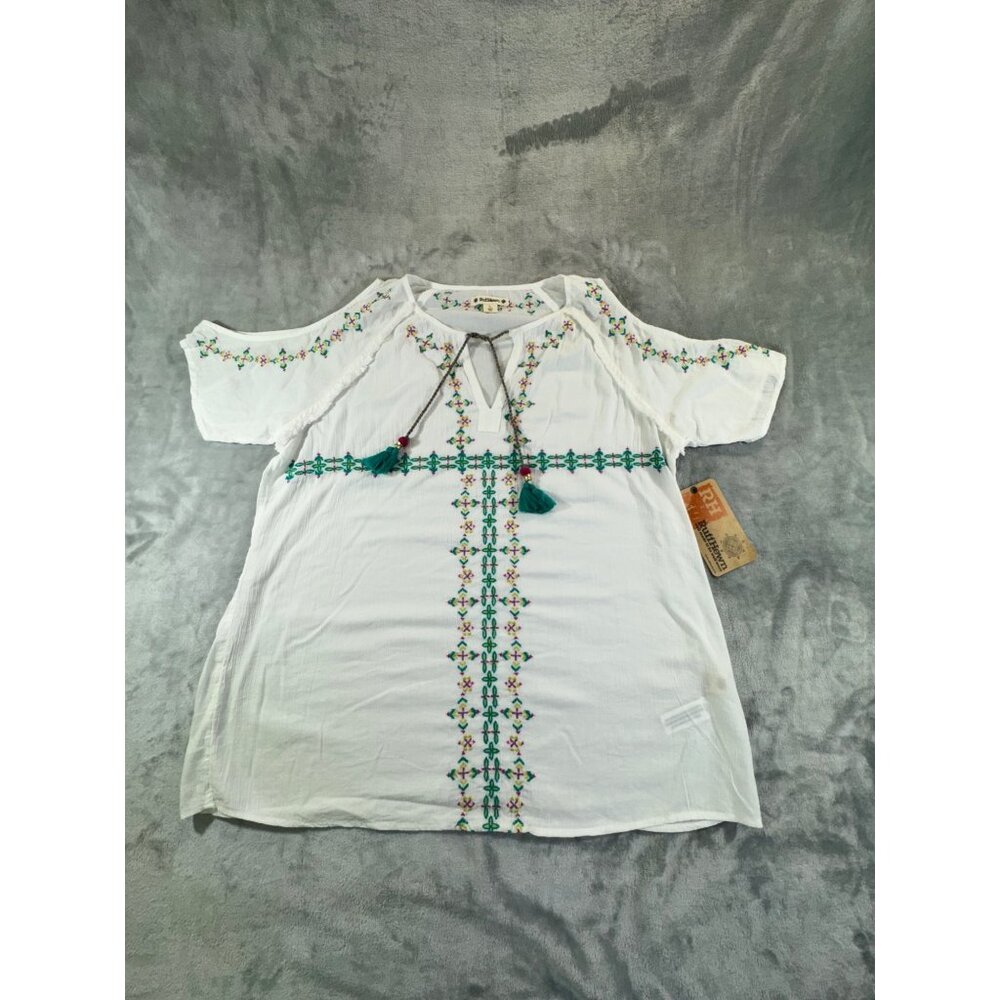 Ruff Hewn Womens Blouse Large Boho Embroidered Cold Shoulder Short Sleeve Tassel